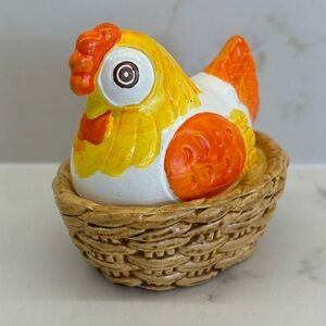 Vintage Neon Orange Yellow Hen in Basket on Eggs Salt and Pepper Shaker Set
